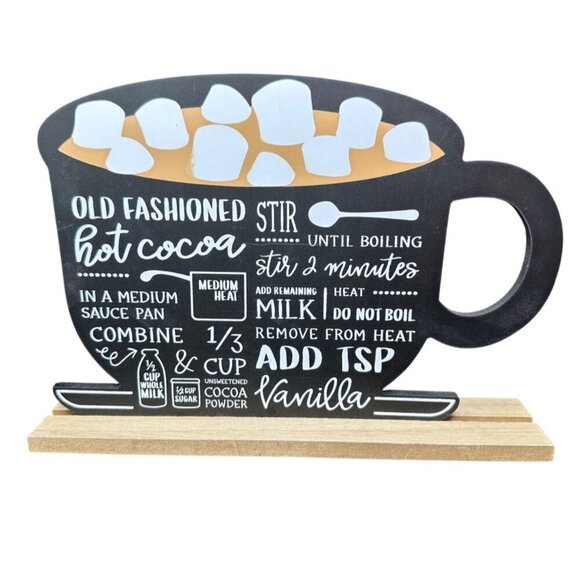 Hot Cocoa Recipe Cup Sign 10in Freestanding Farmhouse Kitchen Holiday Decor - Picture 1 of 11